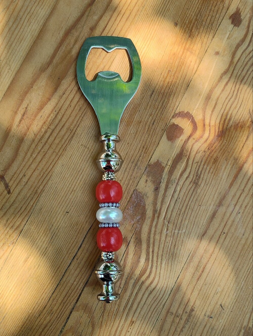 Beaded Metal Bottle Opener with Crimson Red and White Accent Beads